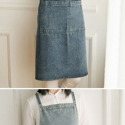 denim apron, kitchen apron, Japanese-style apron, work apron, unisex apron, apron with pockets, barista apron, cooking apron, men's denim apron, women's denim apron - Navy - Size M