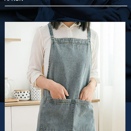denim apron, kitchen apron, Japanese-style apron, work apron, unisex apron, apron with pockets, barista apron, cooking apron, men's denim apron, women's denim apron - Navy - Size M