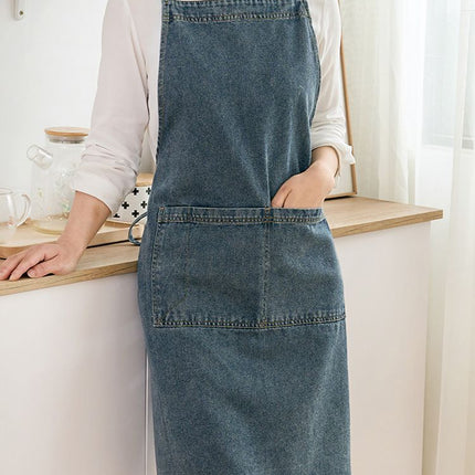 denim apron, kitchen apron, Japanese-style apron, work apron, unisex apron, apron with pockets, barista apron, cooking apron, men's denim apron, women's denim apron - Navy - Size M