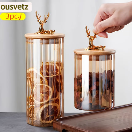 deer head storage jars, food grade canisters, coffee bean container, airtight cereal jar, grain storage set, decorative kitchen jars, pantry organization, glass canisters with lids, wooden lid jars - Clear - Size 3PCS