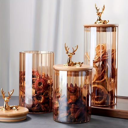 deer head storage jars, food grade canisters, coffee bean container, airtight cereal jar, grain storage set, decorative kitchen jars, pantry organization, glass canisters with lids, wooden lid jars - Clear - Size 3PCS