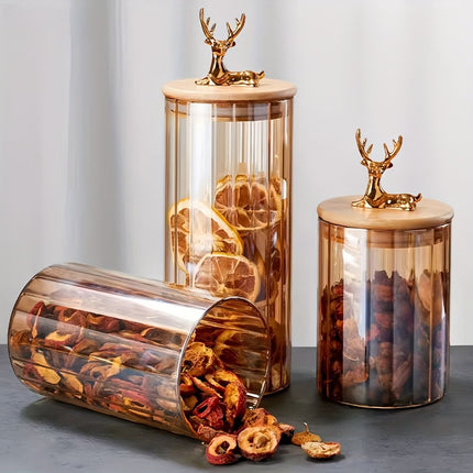 deer head storage jars, food grade canisters, coffee bean container, airtight cereal jar, grain storage set, decorative kitchen jars, pantry organization, glass canisters with lids, wooden lid jars - Clear - Size 3PCS