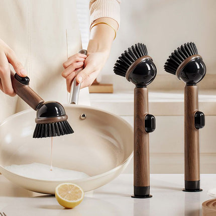 Pot Brush Wood Grain Handle Suction Cup Stand Liquid (Size 2PCS)