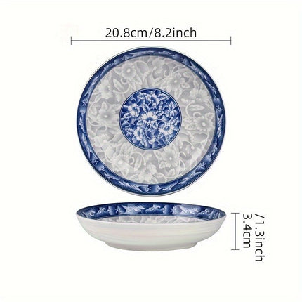 blue-and-white porcelain plate, 8.2-inch ceramic plate, floral design plate, microwave safe plate, Chinese style plate, festive dining plate, traditional Chinese porcelain, round ceramic plate, gift idea, elegant tableware - Cyan - Size 4pcs