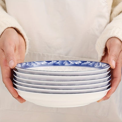 blue-and-white porcelain plate, 8.2-inch ceramic plate, floral design plate, microwave safe plate, Chinese style plate, festive dining plate, traditional Chinese porcelain, round ceramic plate, gift idea, elegant tableware - Cyan - Size 4pcs