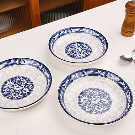 blue-and-white porcelain plate, 8.2-inch ceramic plate, floral design plate, microwave safe plate, Chinese style plate, festive dining plate, traditional Chinese porcelain, round ceramic plate, gift idea, elegant tableware - Cyan - Size 4pcs