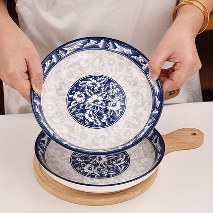 blue-and-white porcelain plate, 8.2-inch ceramic plate, floral design plate, microwave safe plate, Chinese style plate, festive dining plate, traditional Chinese porcelain, round ceramic plate, gift idea, elegant tableware - Cyan - Size 6pcs