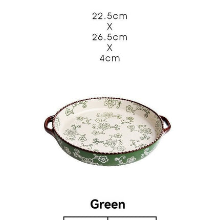 ceramic serving plate, double handled baking dish, pizza pan, cherry blossom pattern, underglaze color, home kitchenware, oven safe dish, baking tray, serving platter, Australian kitchen - Green - Size 10.8inch
