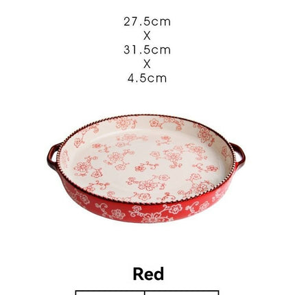 ceramic serving plate, double handled baking dish, pizza pan, cherry blossom pattern, underglaze color, home kitchenware, oven safe dish, baking tray, serving platter, Australian kitchen - Green - Size 10.8inch