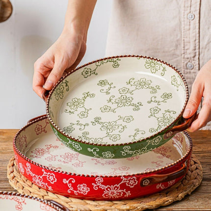ceramic serving plate, double handled baking dish, pizza pan, cherry blossom pattern, underglaze color, home kitchenware, oven safe dish, baking tray, serving platter, Australian kitchen - Green - Size 10.8inch