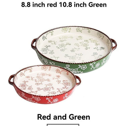 ceramic serving plate, double handled baking dish, pizza pan, cherry blossom pattern, underglaze color, home kitchenware, oven safe dish, baking tray, serving platter, Australian kitchen - Green - Size SET