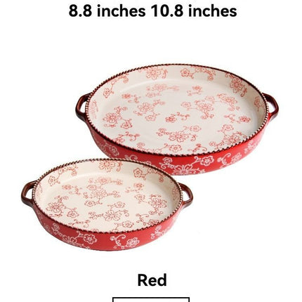 ceramic serving plate, double handled baking dish, pizza pan, cherry blossom pattern, underglaze color, home kitchenware, oven safe dish, baking tray, serving platter, Australian kitchen - Red - Size 10.8inch