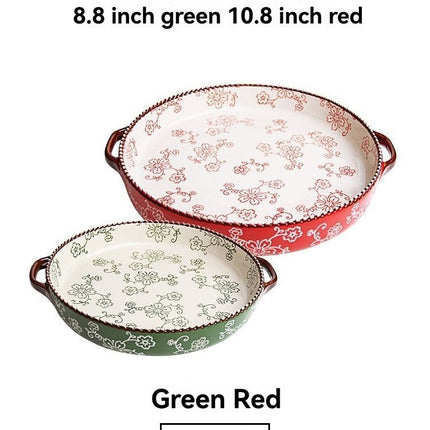 ceramic serving plate, double handled baking dish, pizza pan, cherry blossom pattern, underglaze color, home kitchenware, oven safe dish, baking tray, serving platter, Australian kitchen - Red - Size 10.8inch
