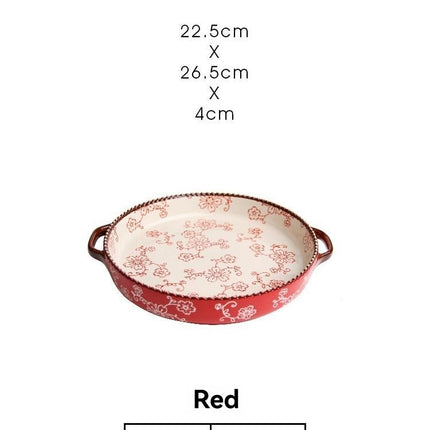 ceramic serving plate, double handled baking dish, pizza pan, cherry blossom pattern, underglaze color, home kitchenware, oven safe dish, baking tray, serving platter, Australian kitchen - Red - Size SET