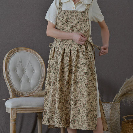 cotton apron, waterproof apron, Korean-style apron, adjustable apron, extended apron, floral print apron, kitchen apron, Australian kitchen, cooking apron, gift for cook - Camel - Size M