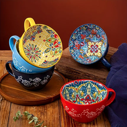Bohemian Ceramic Cups Vibrant Floral Drinkware Hand-Painted Coffee Cups Unique - Gulanduo - Size 400ml