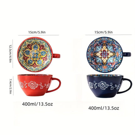 Bohemian Ceramic Cups Vibrant Floral Drinkware Hand-Painted Coffee Cups Unique - Gypsy Orange - Size 400ml
