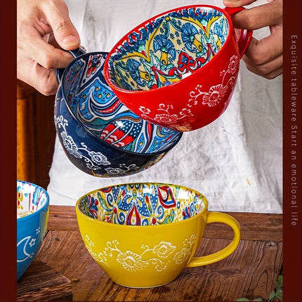 Bohemian Ceramic Cups Vibrant Floral Drinkware Hand-Painted Coffee Cups Unique - Gypsy Orange - Size 400ml