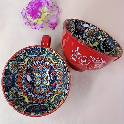 Bohemian Ceramic Cups Vibrant Floral Drinkware Hand-Painted Coffee Cups Unique - Isdil - Size 400ml