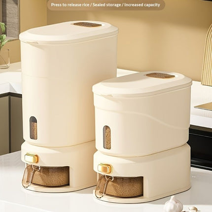 large capacity rice dispenser, measuring cup, time scale, plastic grain storage container, sealed food storage, insect proof food storage, moisture proof food storage, flour storage, pet food storage, Australian kitchen - Creamy - Size 10L