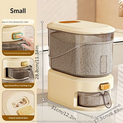 large capacity rice dispenser, measuring cup, time scale, plastic grain storage container, sealed food storage, insect proof food storage, moisture proof food storage, flour storage, pet food storage, Australian kitchen - Creamy - Size 10L
