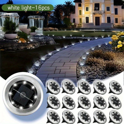 solar ground disk lights, outdoor lighting Australia, 8 LED lights, stainless steel solar lights, path lighting, garden driveway lights, courtyard lawn lighting, solar powered ground lights, energy efficient garden lights, automatic dusk to dawn lights -
