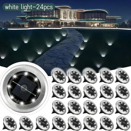 solar ground disk lights, outdoor lighting Australia, 8 LED lights, stainless steel solar lights, path lighting, garden driveway lights, courtyard lawn lighting, solar powered ground lights, energy efficient garden lights, automatic dusk to dawn lights -