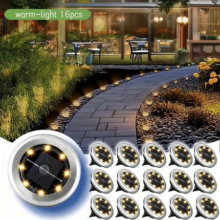 solar ground disk lights, outdoor lighting Australia, 8 LED lights, stainless steel solar lights, path lighting, garden driveway lights, courtyard lawn lighting, solar powered ground lights, energy efficient garden lights, automatic dusk to dawn lights -