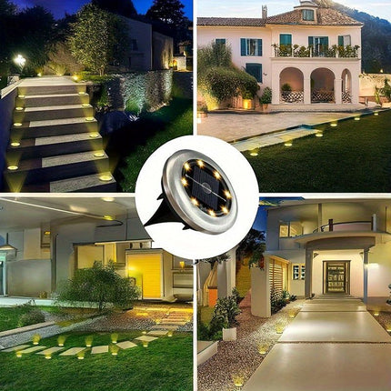 solar ground disk lights, outdoor lighting Australia, 8 LED lights, stainless steel solar lights, path lighting, garden driveway lights, courtyard lawn lighting, solar powered ground lights, energy efficient garden lights, automatic dusk to dawn lights -
