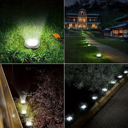 solar ground disk lights, outdoor lighting Australia, 8 LED lights, stainless steel solar lights, path lighting, garden driveway lights, courtyard lawn lighting, solar powered ground lights, energy efficient garden lights, automatic dusk to dawn lights -