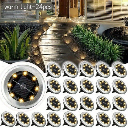 solar ground disk lights, outdoor lighting Australia, 8 LED lights, stainless steel solar lights, path lighting, garden driveway lights, courtyard lawn lighting, solar powered ground lights, energy efficient garden lights, automatic dusk to dawn lights -