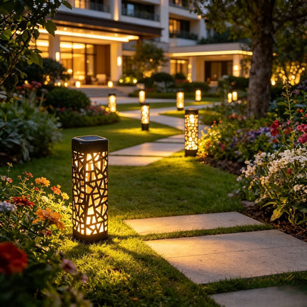 solar garden lights, outdoor waterproof lights, warm white LED pathway lights, automatic dusk to dawn lights, landscape lighting, lawn lights, patio lights, driveway lights, solar stake lights, Australian outdoor lights - White light - Size 6PCS