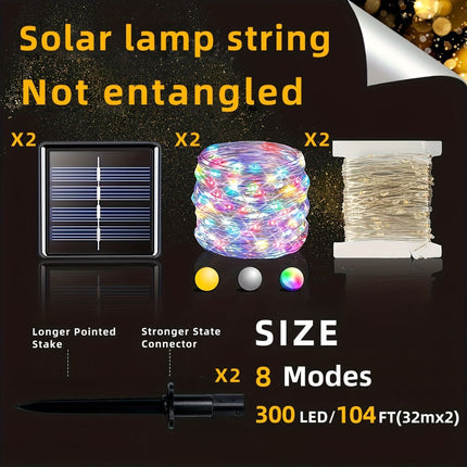 solar outdoor string lights, 300LED solar lights, copper wire fairy lights, 8-pattern solar lights, garden lights Australia, courtyard lights, Christmas lights, party lights, wedding lights, warm white, cool white, multi-color solar lights - Multi - Size