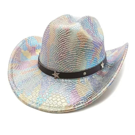 iridescent cowboy hat, party hat, autumn winter hat, unisex wide brim hat, Halloween costume hat, western themed hat, iridescent accessories, mens womens costume hat - 6 - Size M