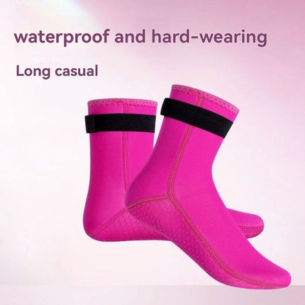 unisex diving socks, 3MM neoprene socks, mid-calf diving socks, hook-and-loop diving socks, water sports socks, diving snorkeling socks, beach volleyball socks, Australia diving gear, neoprene socks for men and women - Pink - Size L