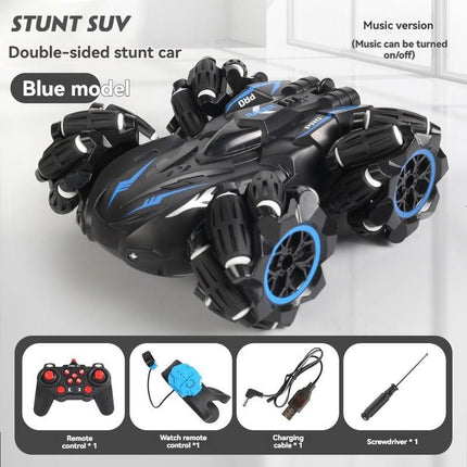 2.4G remote control car, electric stunt car, drifting car, spray function, kids toy car, double-sided stunt car, watch remote control, outdoor RC toy, rechargeable toy car - Red - Size Dual-control