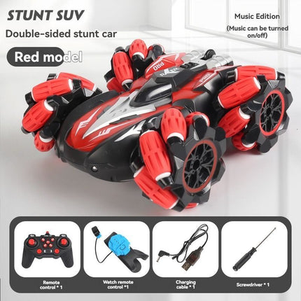 2.4G remote control car, electric stunt car, drifting car, spray function, kids toy car, double-sided stunt car, watch remote control, outdoor RC toy, rechargeable toy car - black and blue - Size Dual-control