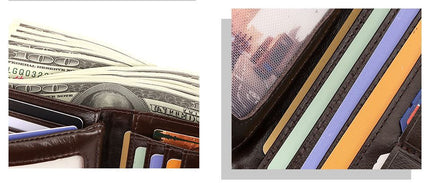 men's genuine leather wallet, RFID-blocking wallet, short men's wallet, multi-card slot wallet, multiple zipper coin pocket wallet - Black - Size L
