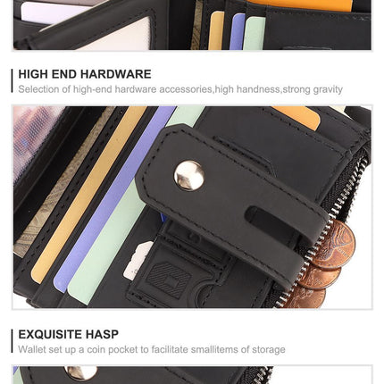 men's genuine leather wallet, RFID-blocking wallet, short men's wallet, multi-card slot wallet, multiple zipper coin pocket wallet - Black - Size L