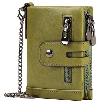 men's genuine leather wallet, RFID-blocking wallet, short men's wallet, multi-card slot wallet, multiple zipper coin pocket wallet - Brown - Size L