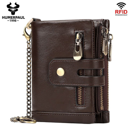 men's genuine leather wallet, RFID-blocking wallet, short men's wallet, multi-card slot wallet, multiple zipper coin pocket wallet - Camel - Size L