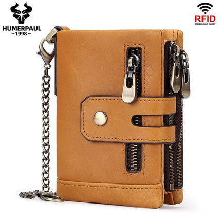 men's genuine leather wallet, RFID-blocking wallet, short men's wallet, multi-card slot wallet, multiple zipper coin pocket wallet - Camel - Size L