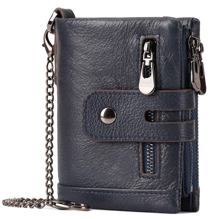 men's genuine leather wallet, RFID-blocking wallet, short men's wallet, multi-card slot wallet, multiple zipper coin pocket wallet - Camel - Size L