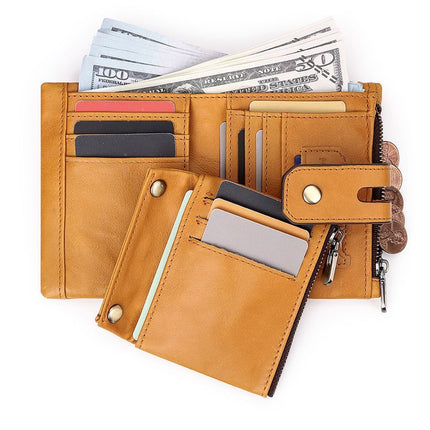 men's genuine leather wallet, RFID-blocking wallet, short men's wallet, multi-card slot wallet, multiple zipper coin pocket wallet - Camel - Size L
