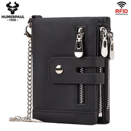 men's genuine leather wallet, RFID-blocking wallet, short men's wallet, multi-card slot wallet, multiple zipper coin pocket wallet - Green - Size L