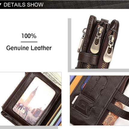 men's genuine leather wallet, RFID-blocking wallet, short men's wallet, multi-card slot wallet, multiple zipper coin pocket wallet - Green - Size L