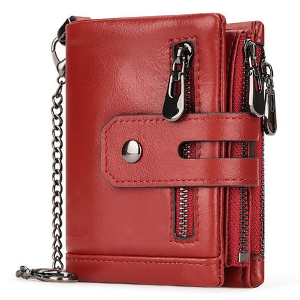 men's genuine leather wallet, RFID-blocking wallet, short men's wallet, multi-card slot wallet, multiple zipper coin pocket wallet - Green - Size L