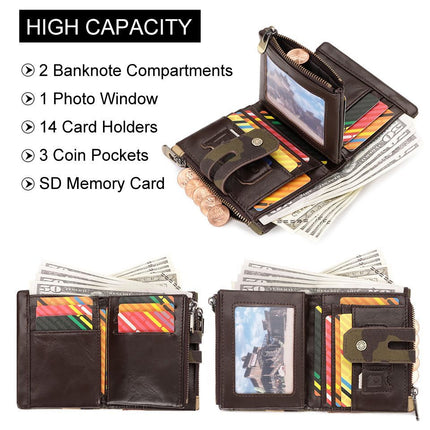 men's genuine leather wallet, RFID-blocking wallet, short men's wallet, multi-card slot wallet, multiple zipper coin pocket wallet - Green - Size L