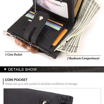 men's genuine leather wallet, RFID-blocking wallet, short men's wallet, multi-card slot wallet, multiple zipper coin pocket wallet - Green - Size L
