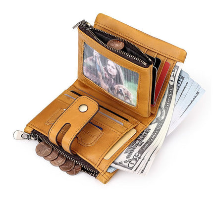 men's genuine leather wallet, RFID-blocking wallet, short men's wallet, multi-card slot wallet, multiple zipper coin pocket wallet - Red - Size L